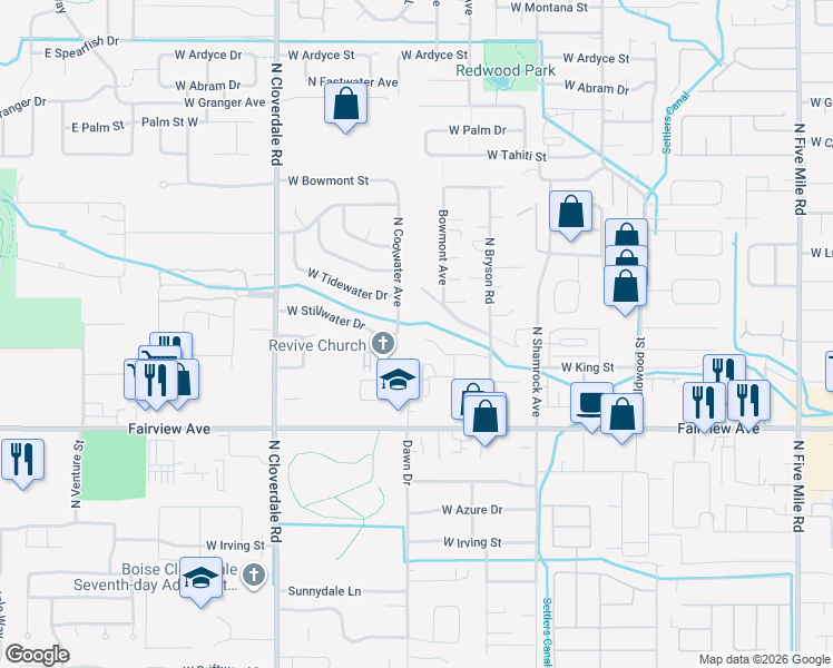 map of restaurants, bars, coffee shops, grocery stores, and more near 1820 North Dawn Place in Boise