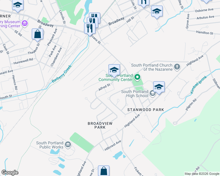 map of restaurants, bars, coffee shops, grocery stores, and more near 52 Alfred Street in South Portland