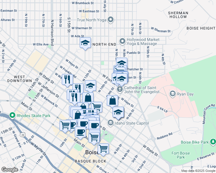 map of restaurants, bars, coffee shops, grocery stores, and more near in Boise