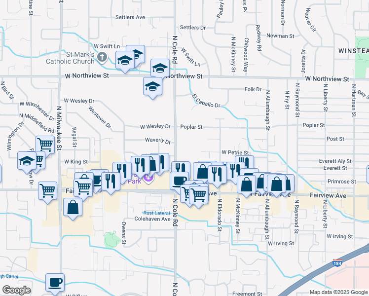 map of restaurants, bars, coffee shops, grocery stores, and more near 1800 North Cole Road in Boise