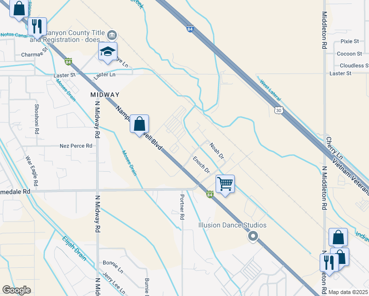 map of restaurants, bars, coffee shops, grocery stores, and more near 304 Abraham Way in Caldwell