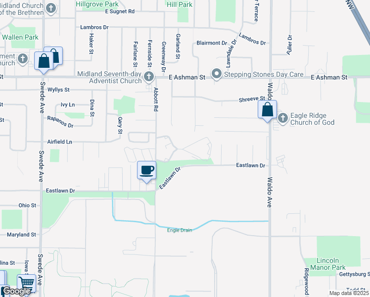 map of restaurants, bars, coffee shops, grocery stores, and more near 2217-2327 Eastlawn Drive in Midland