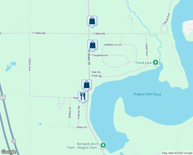 map of restaurants, bars, coffee shops, grocery stores, and more near 10558 Carmon Drive in Big Rapids