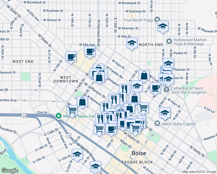 map of restaurants, bars, coffee shops, grocery stores, and more near 1312 West State Street in Boise
