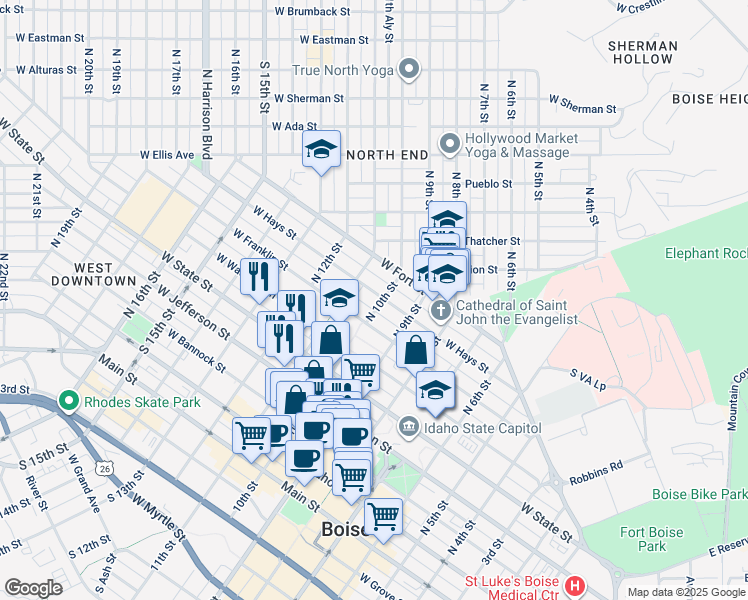 map of restaurants, bars, coffee shops, grocery stores, and more near 1001 West Hays Street in Boise