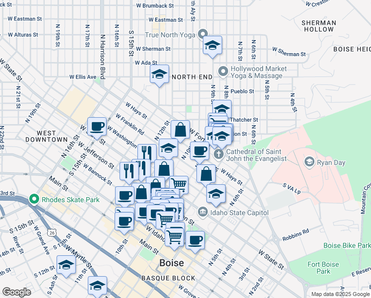map of restaurants, bars, coffee shops, grocery stores, and more near 1001 West Hays Street in Boise