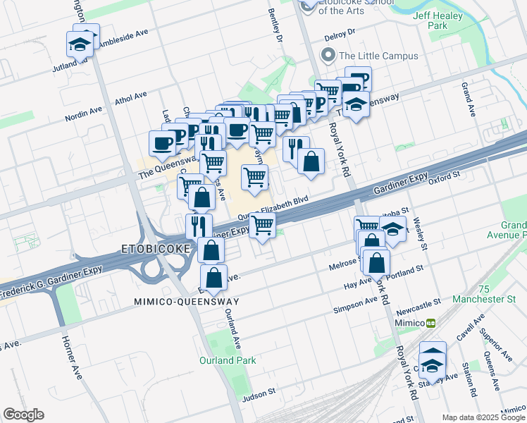 map of restaurants, bars, coffee shops, grocery stores, and more near Queen Elizabeth Boulevard in Toronto