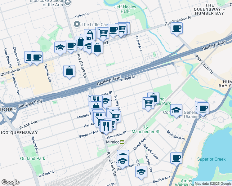 map of restaurants, bars, coffee shops, grocery stores, and more near 57 Manitoba Street in Toronto