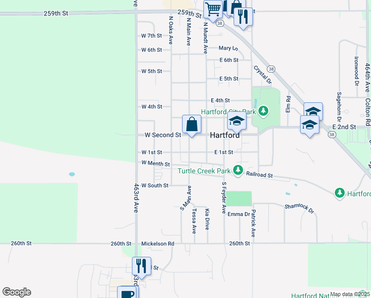 map of restaurants, bars, coffee shops, grocery stores, and more near 103 North Main Avenue in Hartford