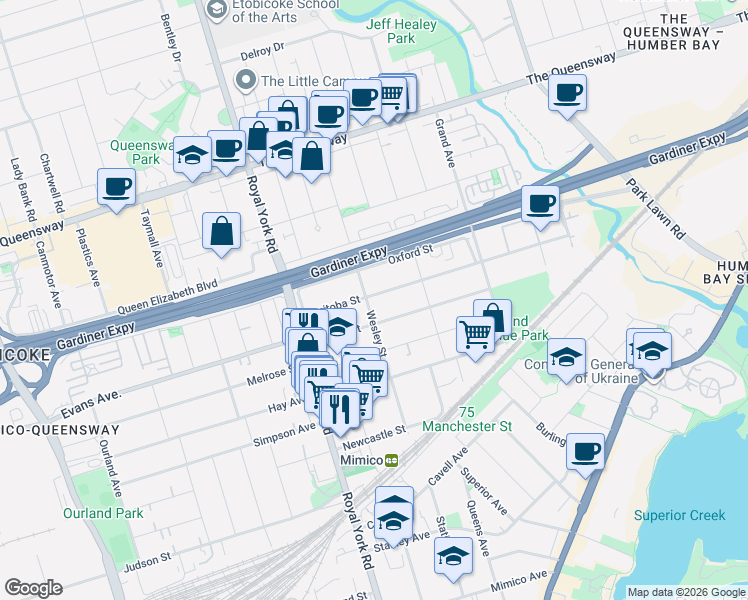 map of restaurants, bars, coffee shops, grocery stores, and more near 59 Manitoba Street in Toronto