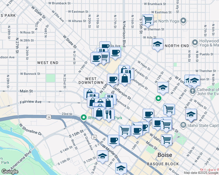 map of restaurants, bars, coffee shops, grocery stores, and more near 1500W West Idaho Street in Boise