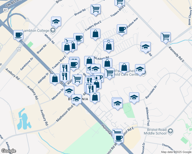 map of restaurants, bars, coffee shops, grocery stores, and more near 67 Matheson Boulevard East in Mississauga