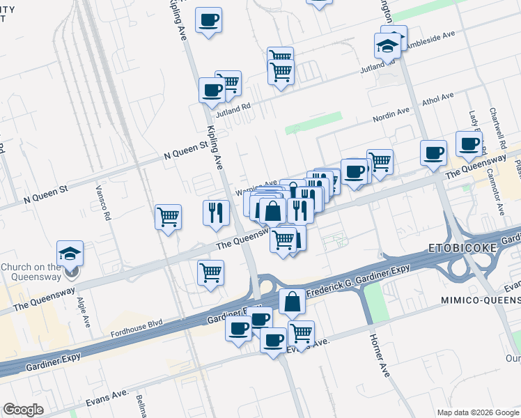 map of restaurants, bars, coffee shops, grocery stores, and more near 11 Stock Avenue in Toronto