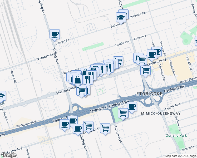 map of restaurants, bars, coffee shops, grocery stores, and more near 1141 The Queensway in Toronto