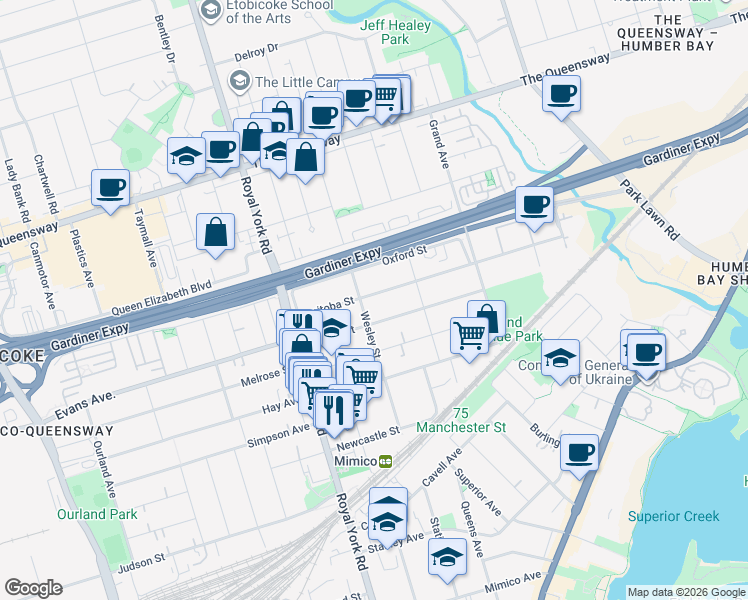 map of restaurants, bars, coffee shops, grocery stores, and more near 65 Manitoba Street in Toronto