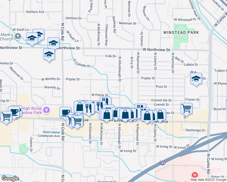 map of restaurants, bars, coffee shops, grocery stores, and more near 6800 West Russett Street in Boise