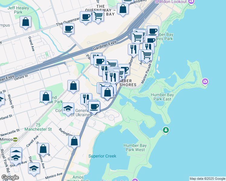 map of restaurants, bars, coffee shops, grocery stores, and more near 2200 Lake Shore Boulevard West in Toronto