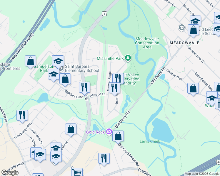 map of restaurants, bars, coffee shops, grocery stores, and more near in Mississauga