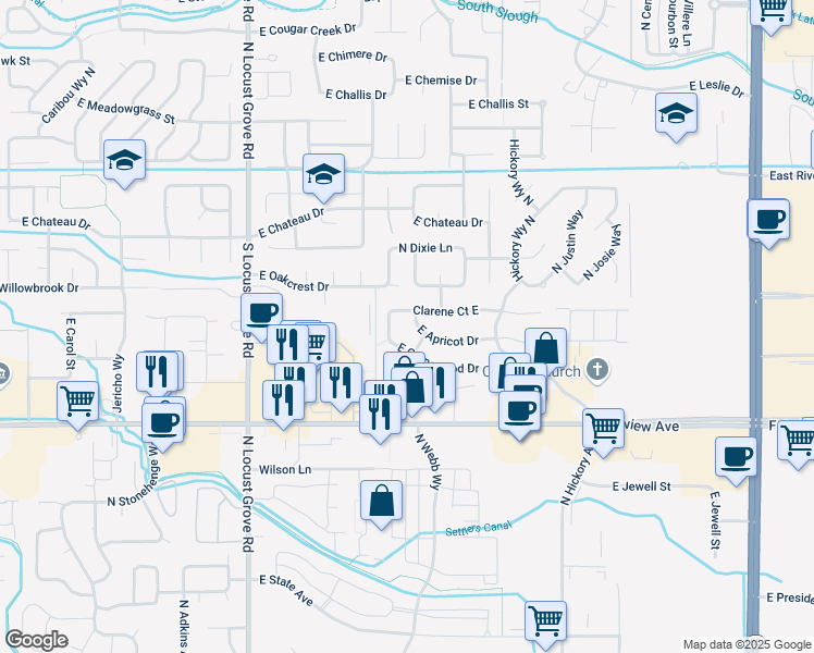 map of restaurants, bars, coffee shops, grocery stores, and more near 2110 East Clarene Street in Meridian