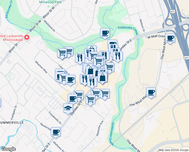 map of restaurants, bars, coffee shops, grocery stores, and more near 1995 Dundas Street East in Mississauga