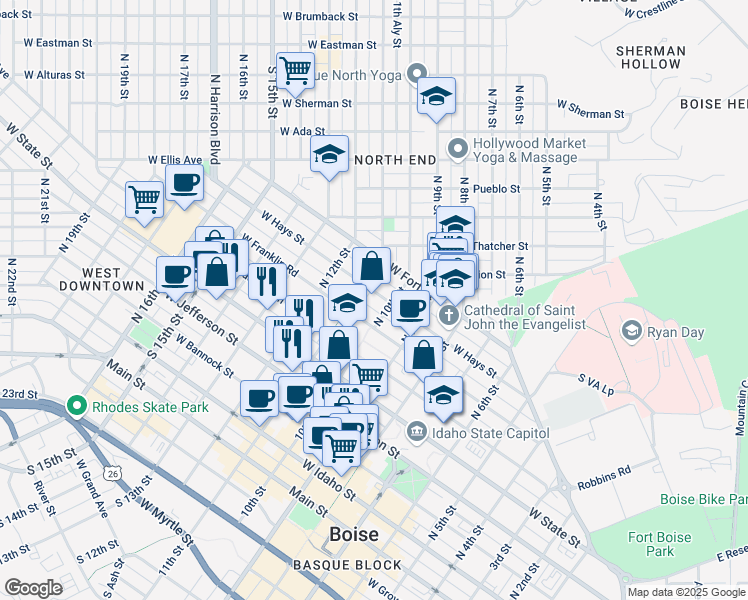 map of restaurants, bars, coffee shops, grocery stores, and more near 1015 West Hays Street in Boise