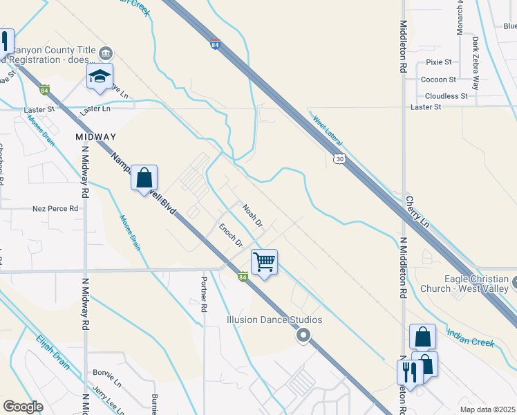 map of restaurants, bars, coffee shops, grocery stores, and more near 7015 Noah Drive in Caldwell