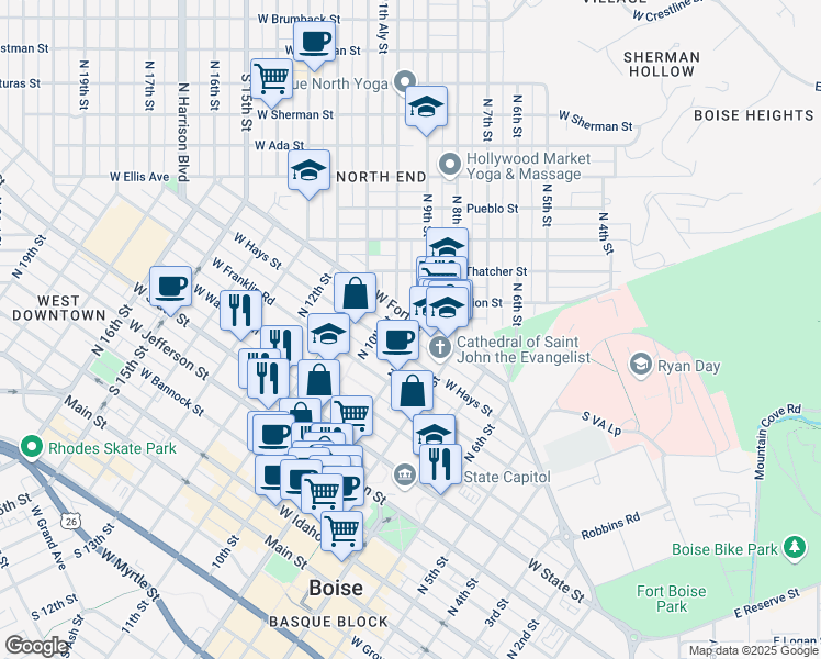 map of restaurants, bars, coffee shops, grocery stores, and more near 1009 North 9th Street in Boise