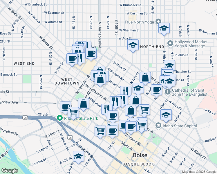 map of restaurants, bars, coffee shops, grocery stores, and more near 1320 West Washington Street in Boise