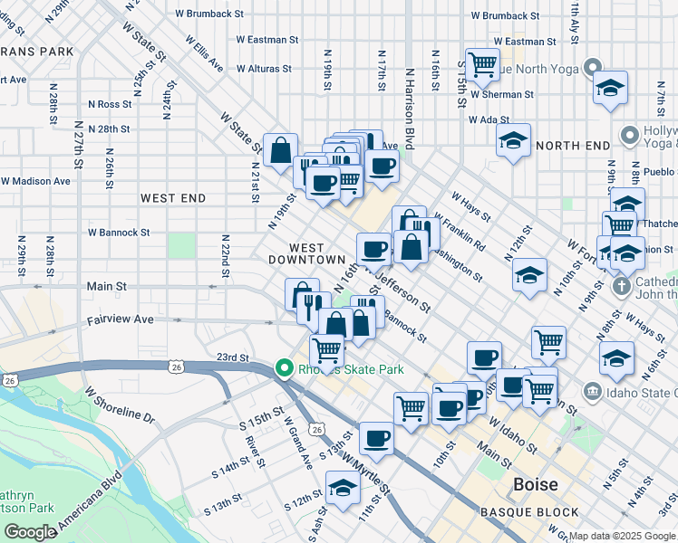 map of restaurants, bars, coffee shops, grocery stores, and more near 433 North 16th Street in Boise
