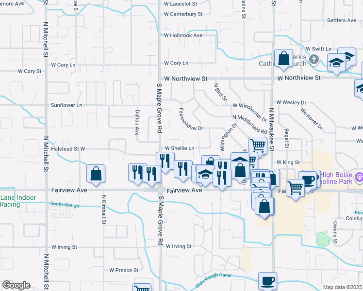 map of restaurants, bars, coffee shops, grocery stores, and more near 8810 West Shellie Lane in Boise
