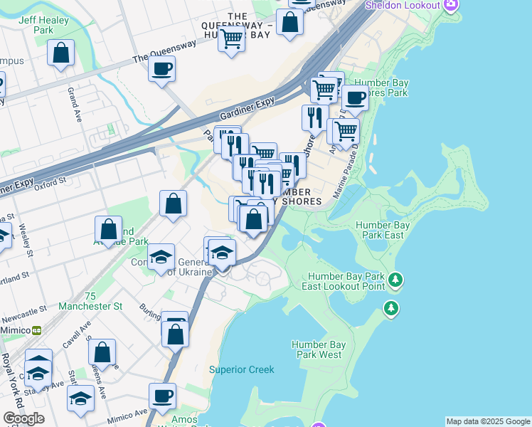 map of restaurants, bars, coffee shops, grocery stores, and more near in Toronto