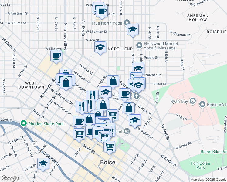 map of restaurants, bars, coffee shops, grocery stores, and more near 1015 West Hays Street in Boise