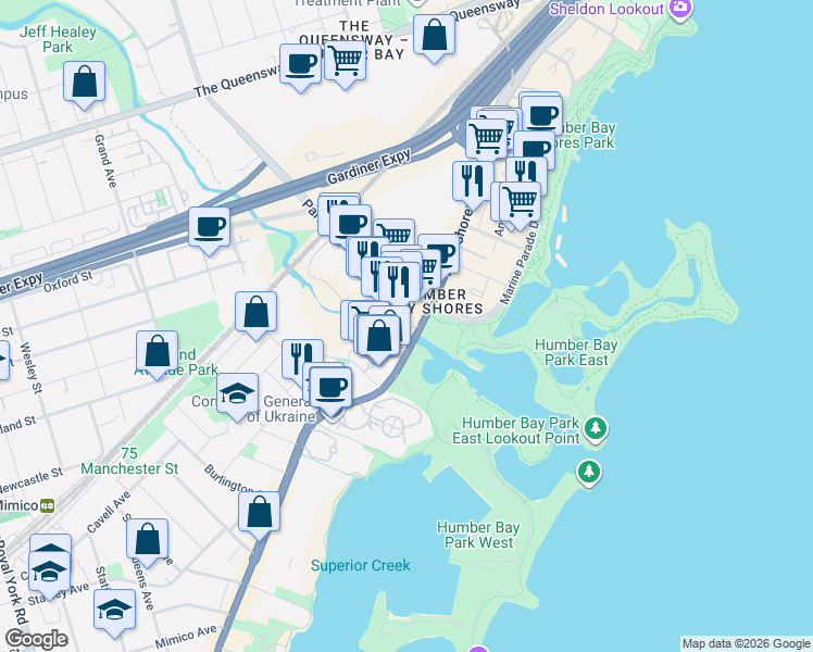 map of restaurants, bars, coffee shops, grocery stores, and more near in Toronto