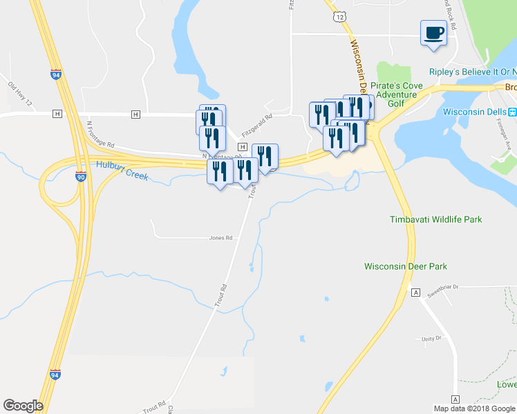 map of restaurants, bars, coffee shops, grocery stores, and more near 550 State Highway 13 in Wisconsin Dells