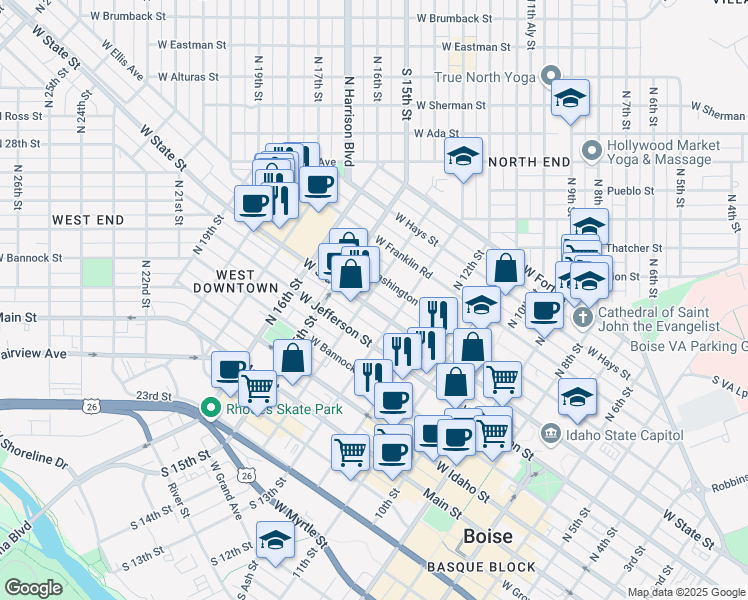 map of restaurants, bars, coffee shops, grocery stores, and more near 1326 West State Street in Boise