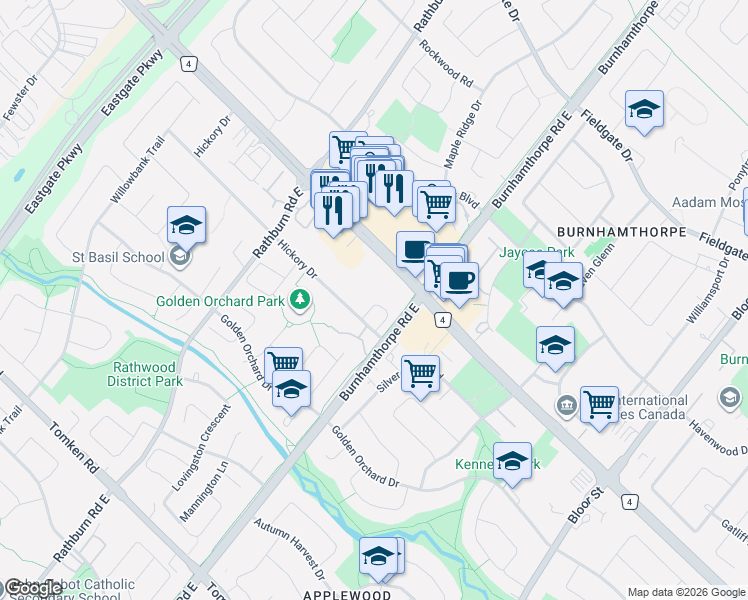 map of restaurants, bars, coffee shops, grocery stores, and more near 4015 Hickory Drive in Mississauga