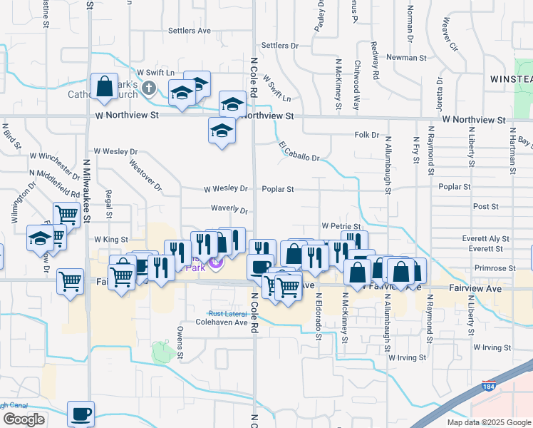 map of restaurants, bars, coffee shops, grocery stores, and more near 1800 North Cole Road in Boise