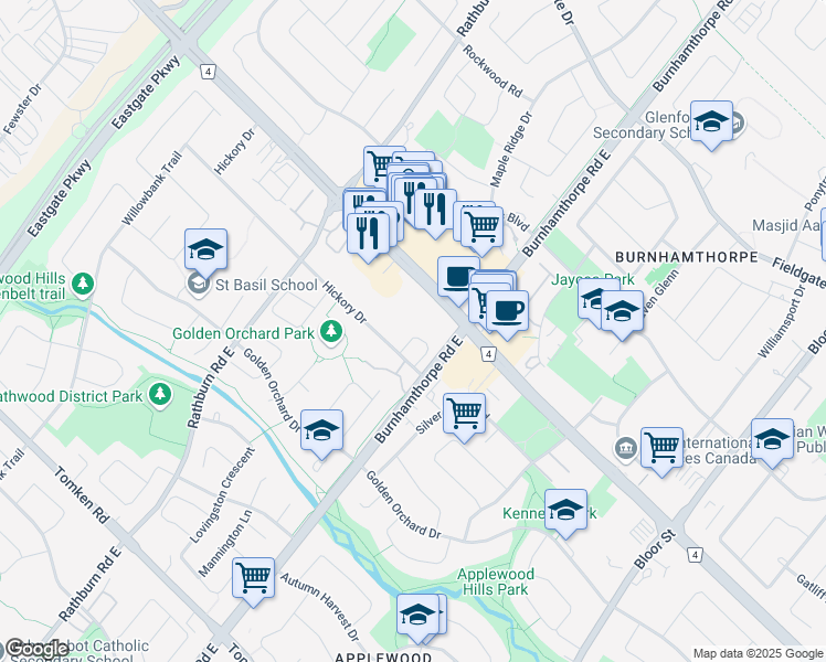 map of restaurants, bars, coffee shops, grocery stores, and more near 4015 Hickory Drive in Mississauga