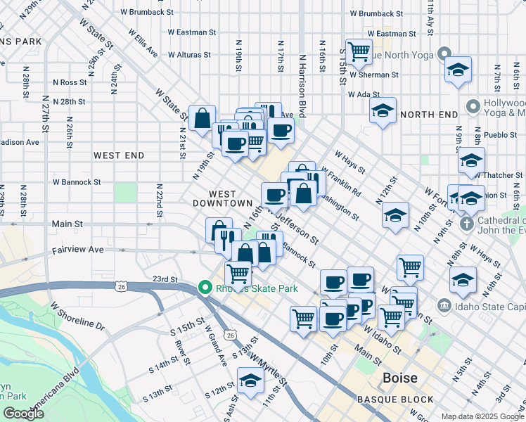 map of restaurants, bars, coffee shops, grocery stores, and more near 1519 West Jefferson Street in Boise