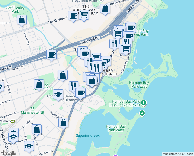 map of restaurants, bars, coffee shops, grocery stores, and more near 2212 Lake Shore Boulevard West in Toronto