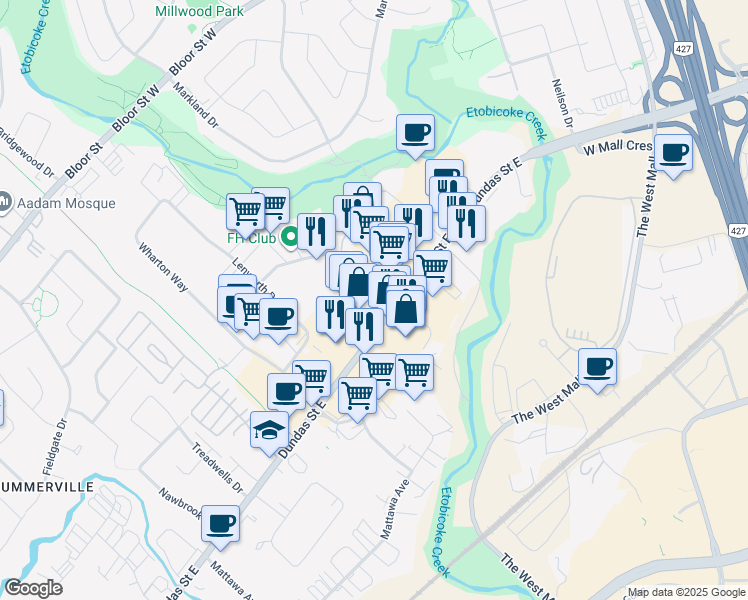map of restaurants, bars, coffee shops, grocery stores, and more near 3063 Universal Drive in Mississauga