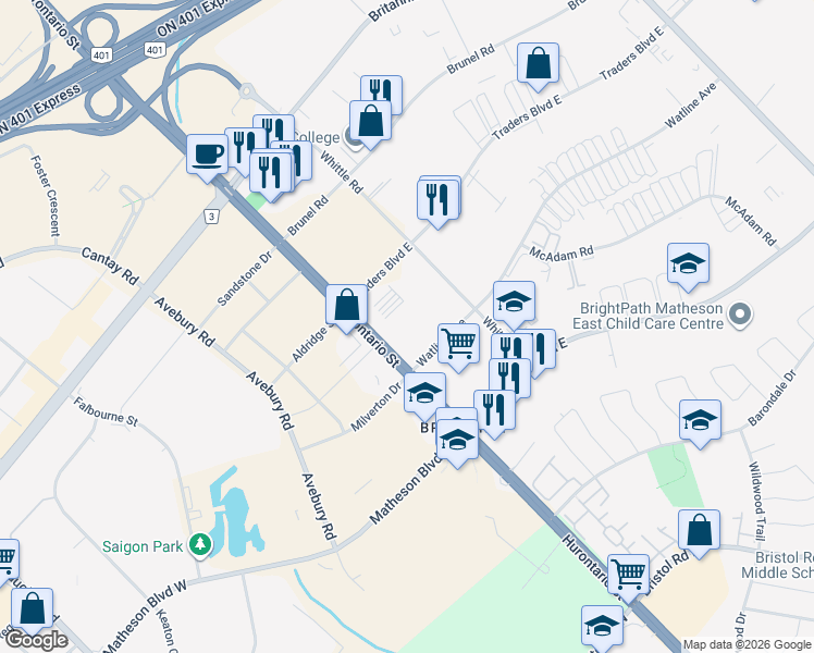 map of restaurants, bars, coffee shops, grocery stores, and more near 25 Watline Avenue in Mississauga
