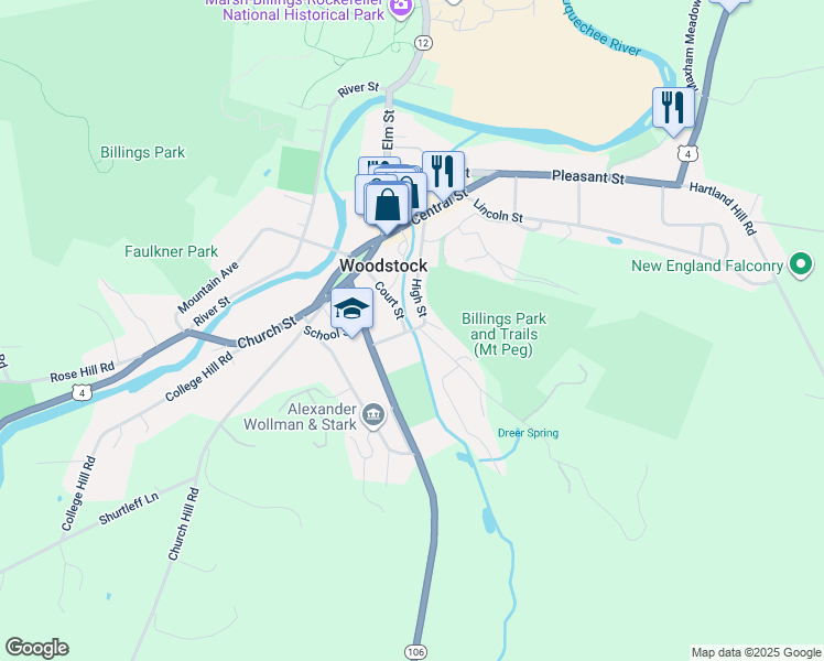 map of restaurants, bars, coffee shops, grocery stores, and more near 27 High Street in Woodstock