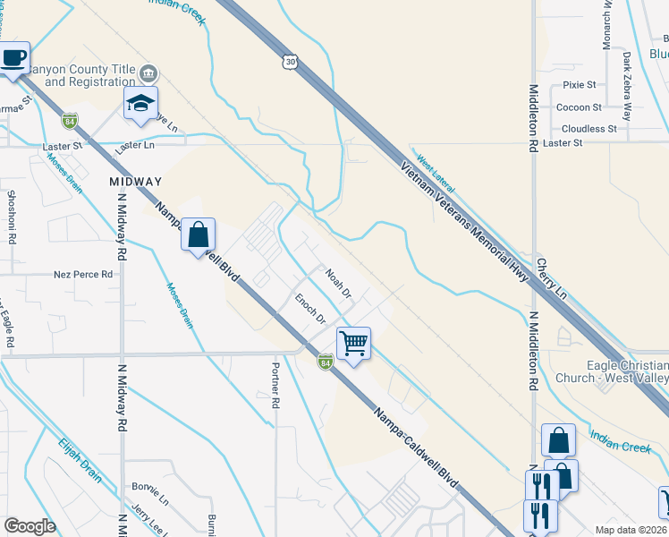 map of restaurants, bars, coffee shops, grocery stores, and more near 7007 Noah Drive in Caldwell