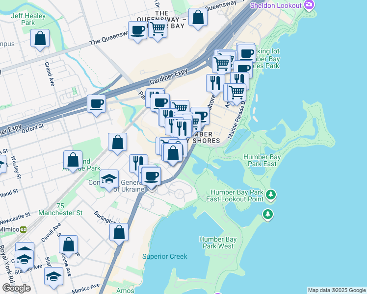 map of restaurants, bars, coffee shops, grocery stores, and more near 2212 Lake Shore Boulevard West in Toronto