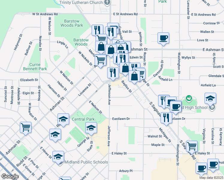 map of restaurants, bars, coffee shops, grocery stores, and more near 2710 Jefferson Avenue in Midland