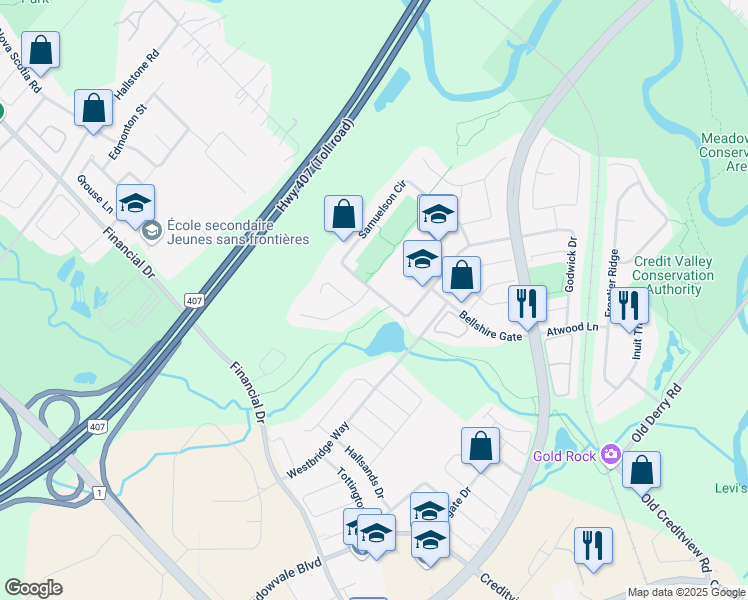 map of restaurants, bars, coffee shops, grocery stores, and more near 1586 Samuelson Circle in Mississauga