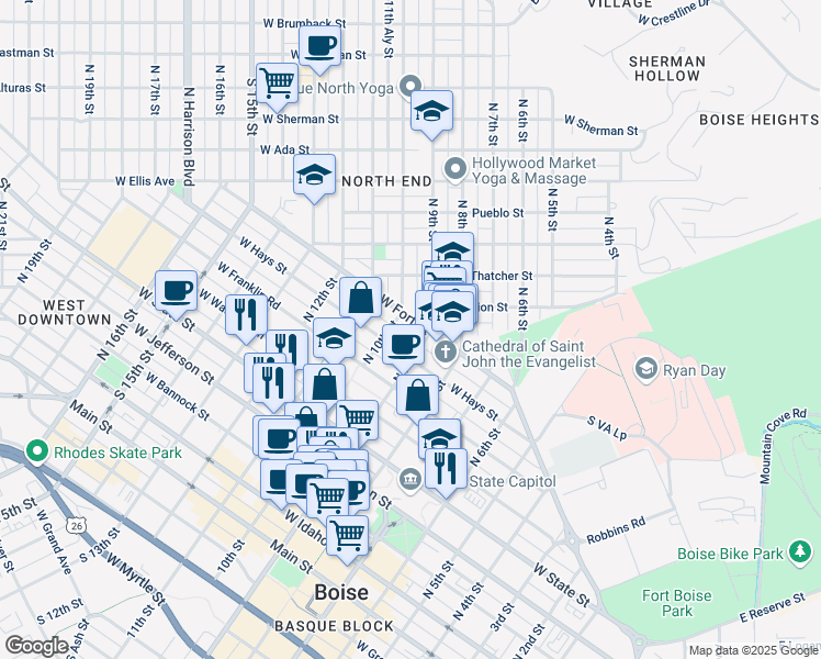 map of restaurants, bars, coffee shops, grocery stores, and more near 915 West Fort Street in Boise