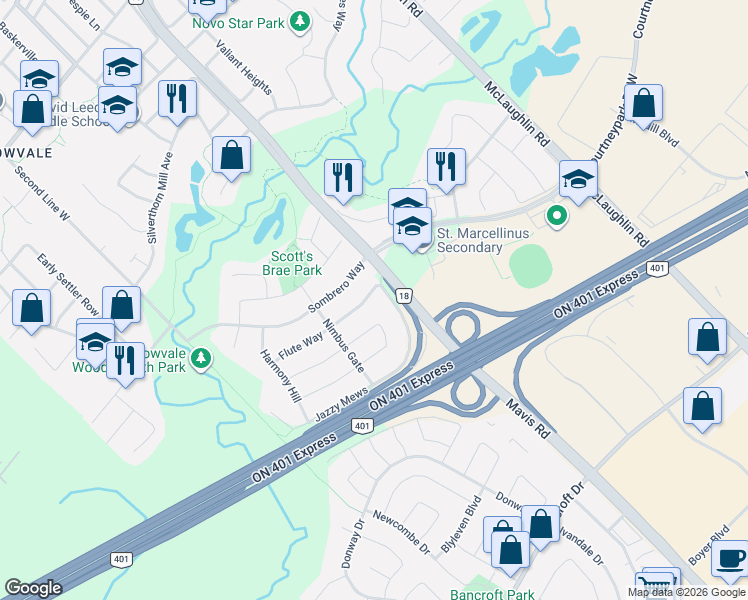 map of restaurants, bars, coffee shops, grocery stores, and more near 6672 Opera Glass Crescent in Mississauga