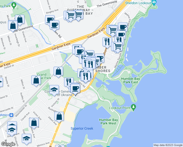 map of restaurants, bars, coffee shops, grocery stores, and more near 2200 Lake Shore Boulevard West in Toronto